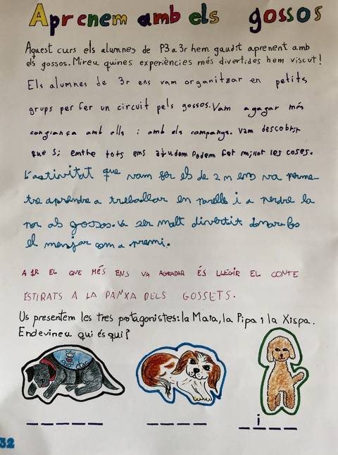 <p>Los alumnos de la escuela El Bosc de la Pabordia, hacen un artículo sobre la experiéncia de compartir las aulas con los perros de CTAC Girona. </p>